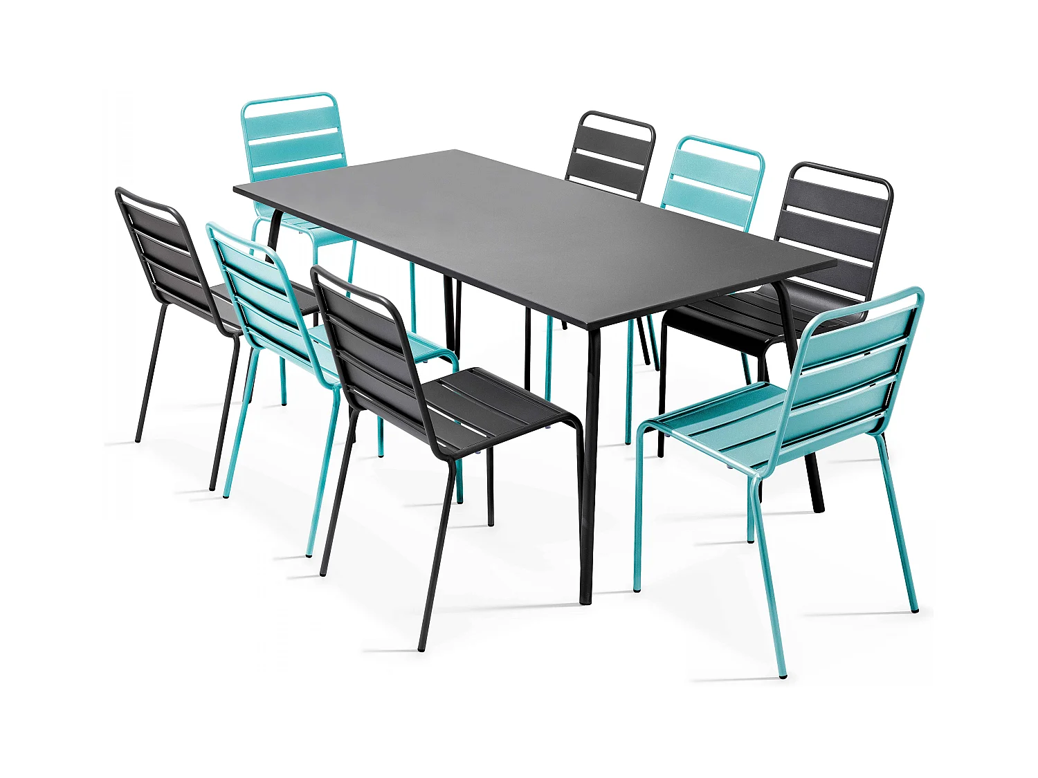 Ensemble table de jardin et 8 chaises en métal gris et turquoise - Palavas