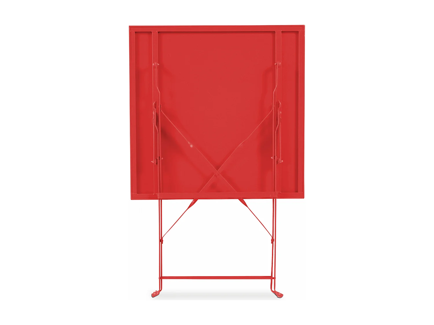 Tuintafel en 2 rode stalen stoelen