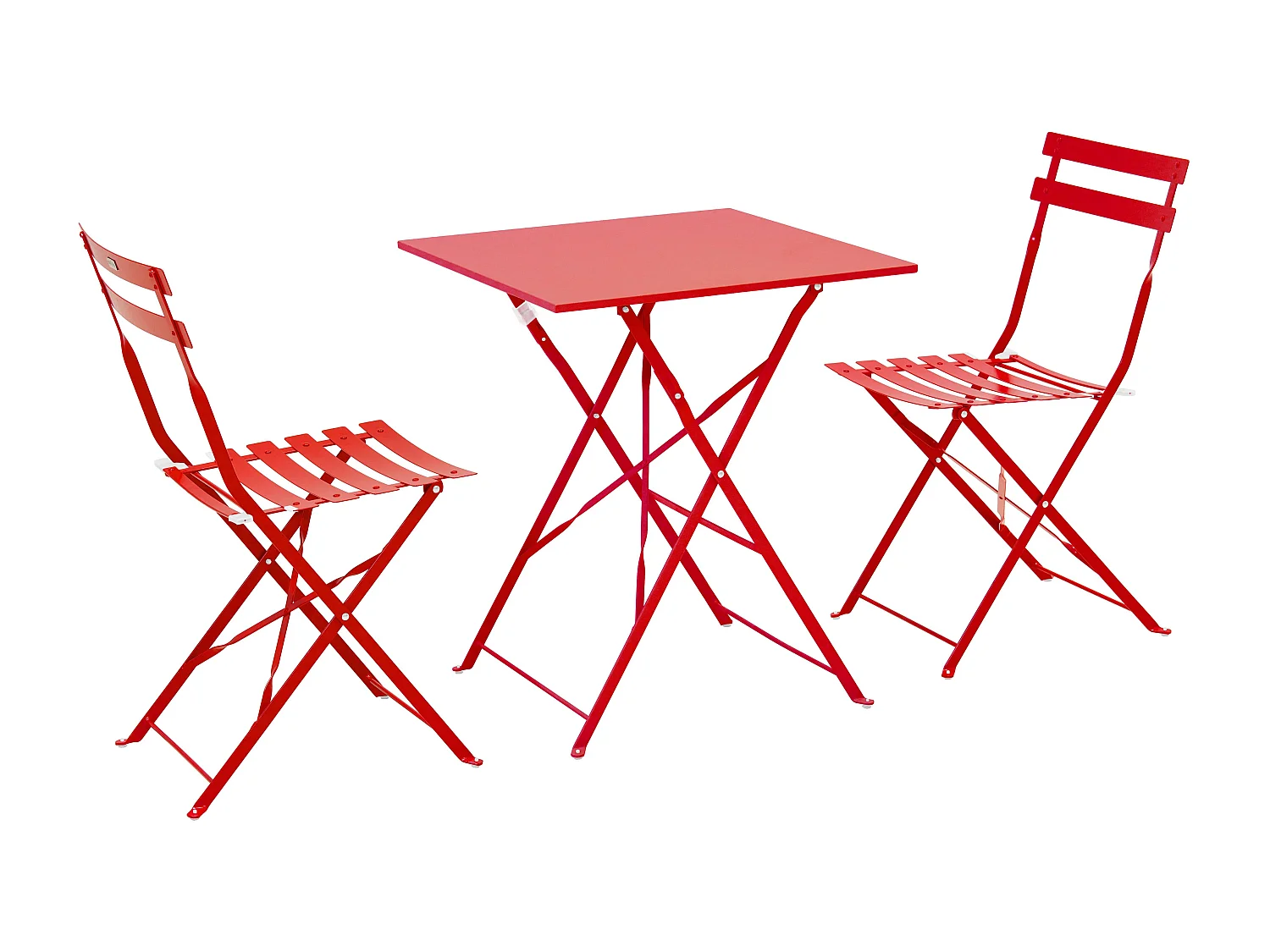 Tuintafel en 2 rode stalen stoelen