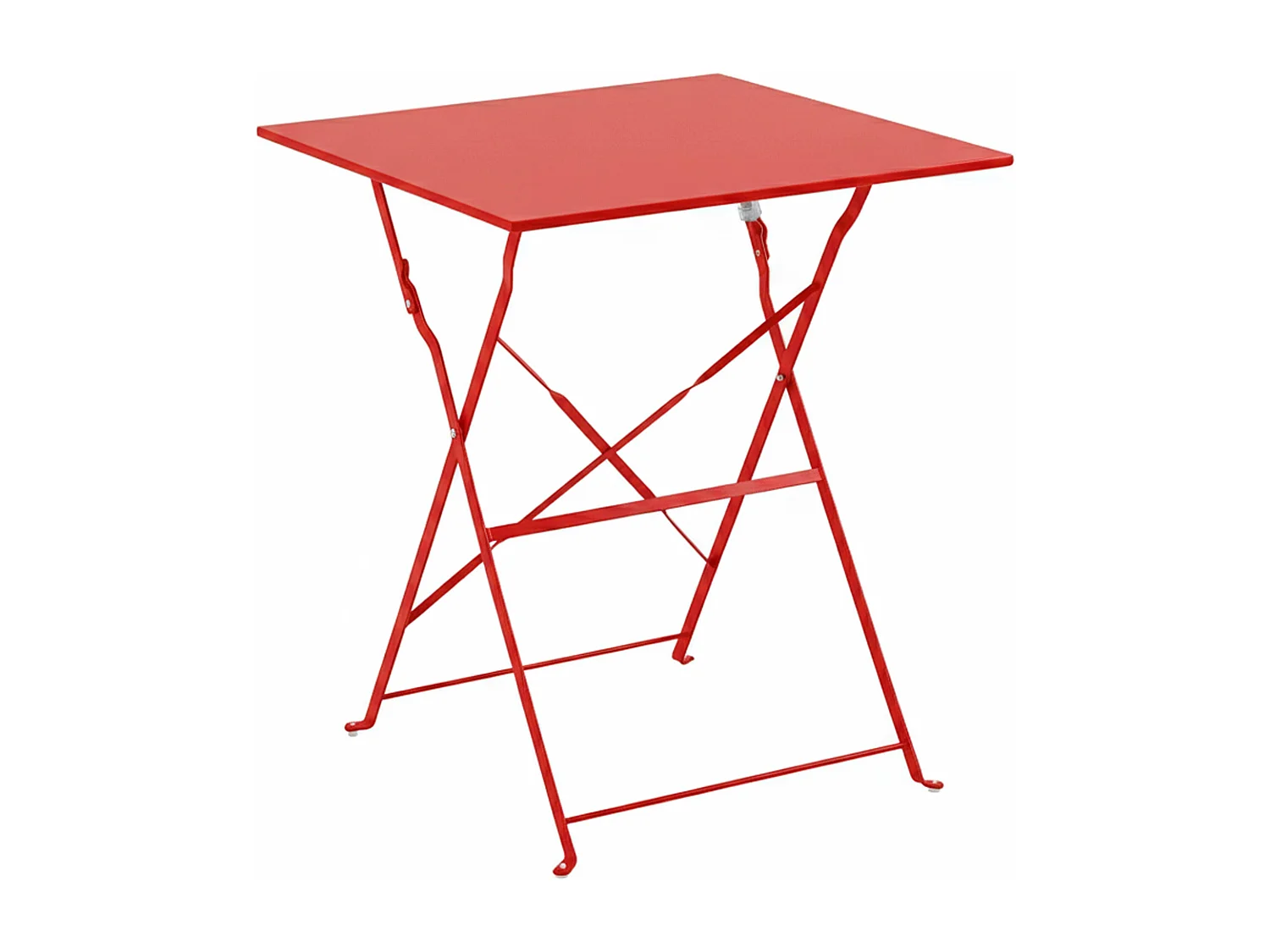 Tuintafel en 2 rode stalen stoelen