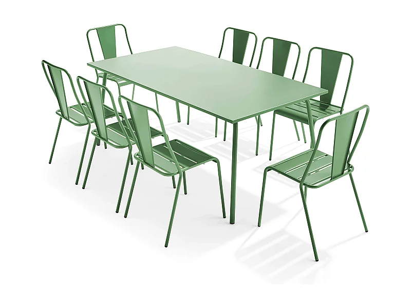 Tuinset met tafel en 8 bistrostoelen in cactusgroen staal