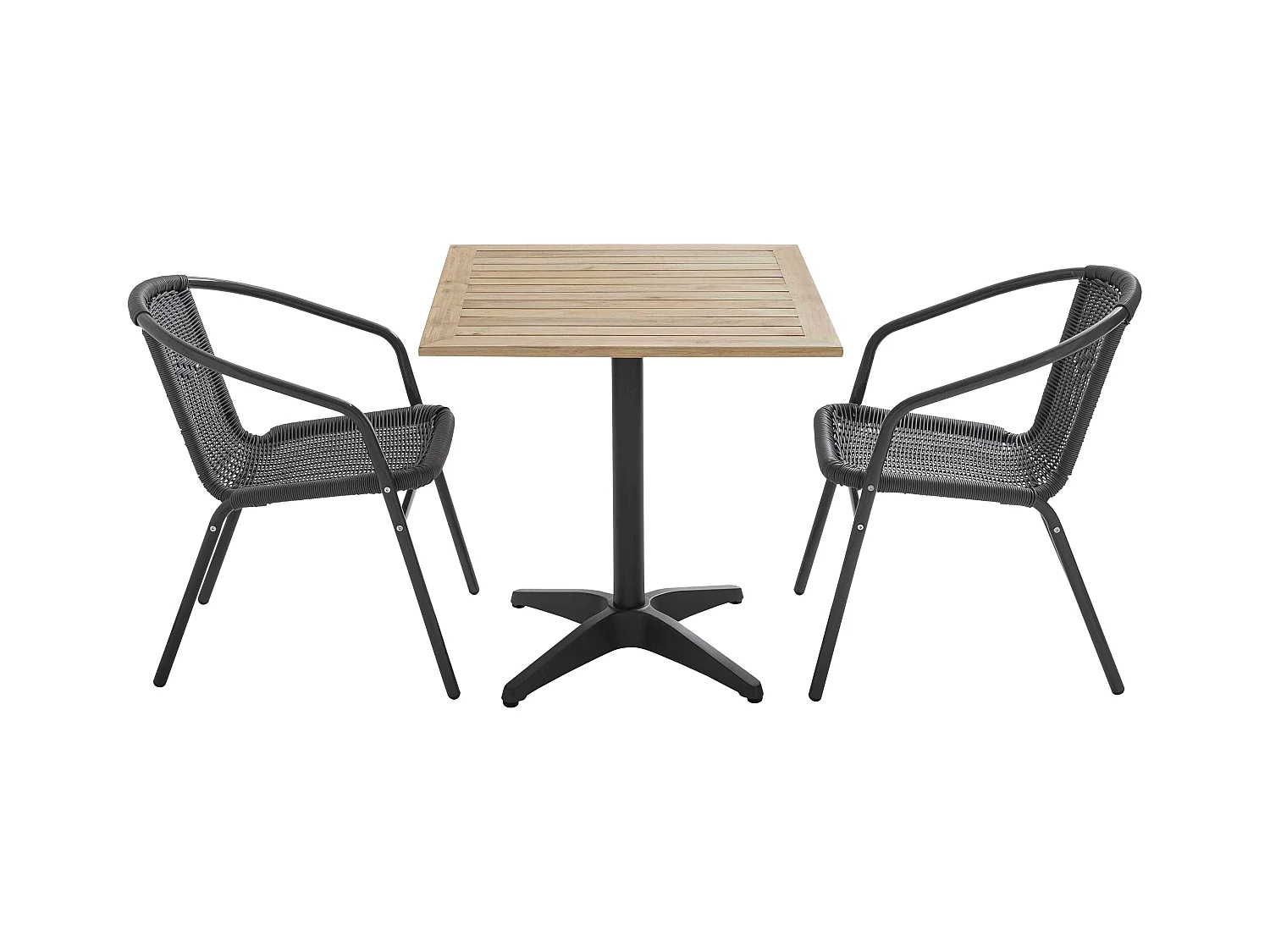 Vierkante terrastafel met houten blad en 2 kunststof stoelen