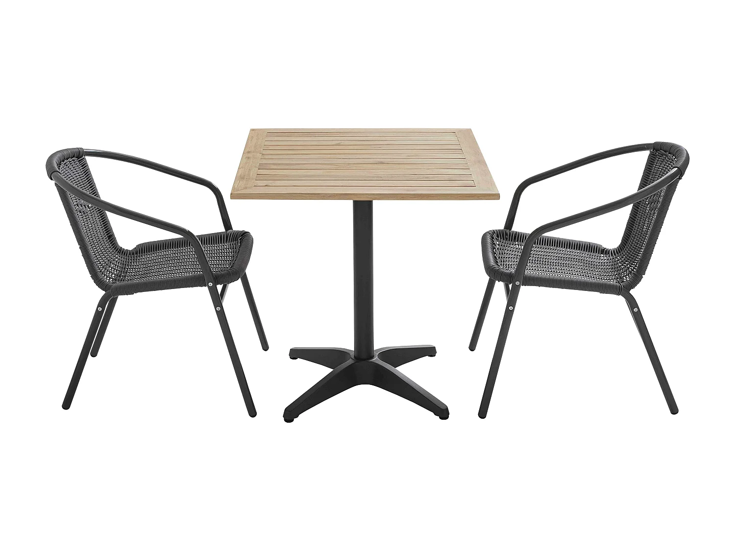 Table de jardin carré plateau bois et 2 chaises en résine