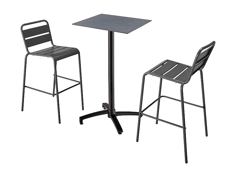 Ensemble table haute stratifié gris et 2 chaises hautes gris