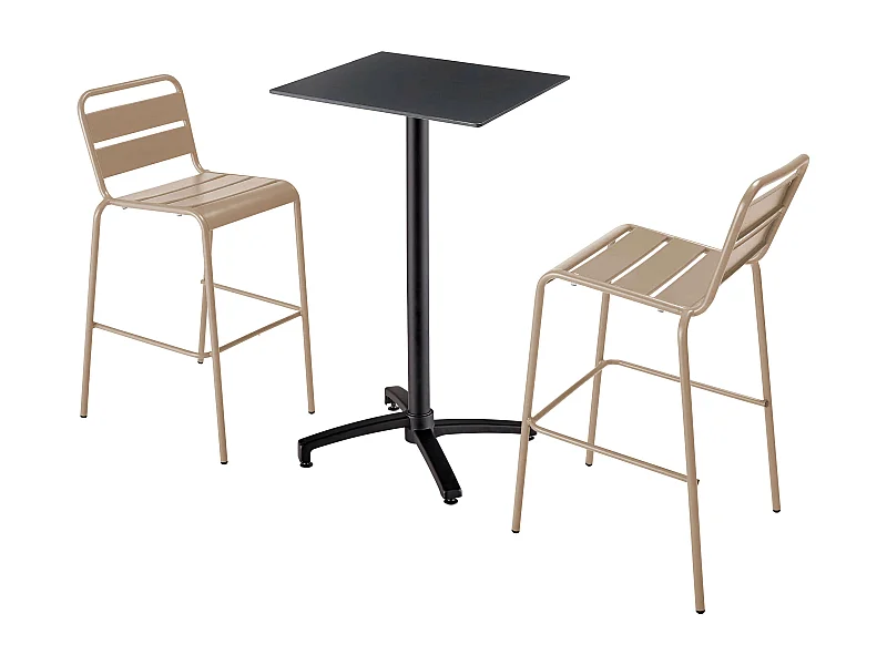Ensemble table haute stratifié noir et 2 chaises hautes taupe