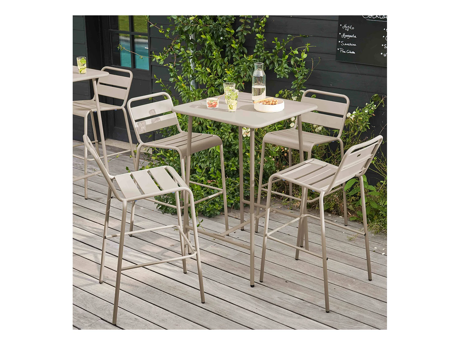 Ensemble table de bar et 4 chaises hautes en métal taupe - Palavas