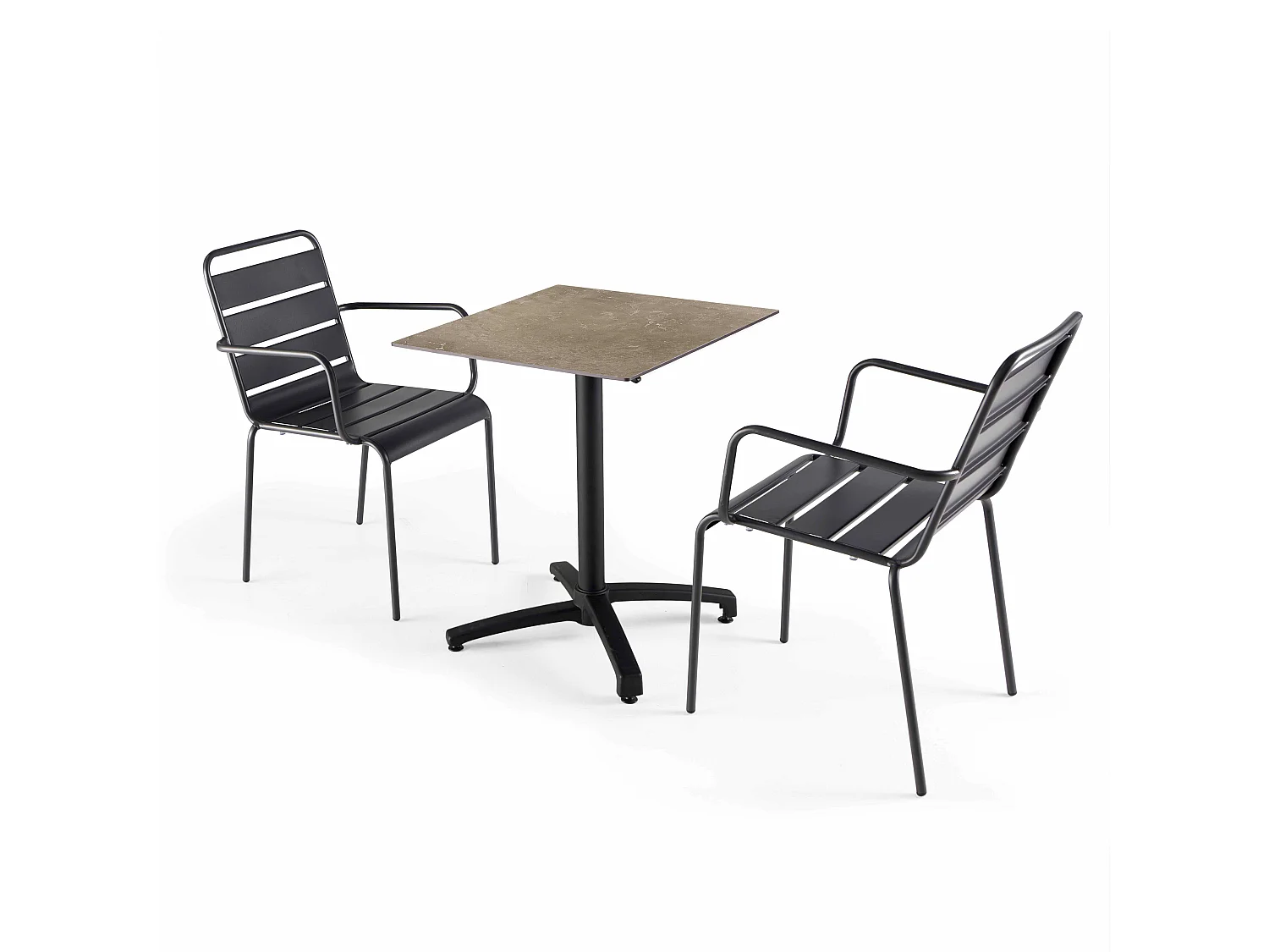 Ensemble table terrasse stratifié marbre et 2 fauteuils gris