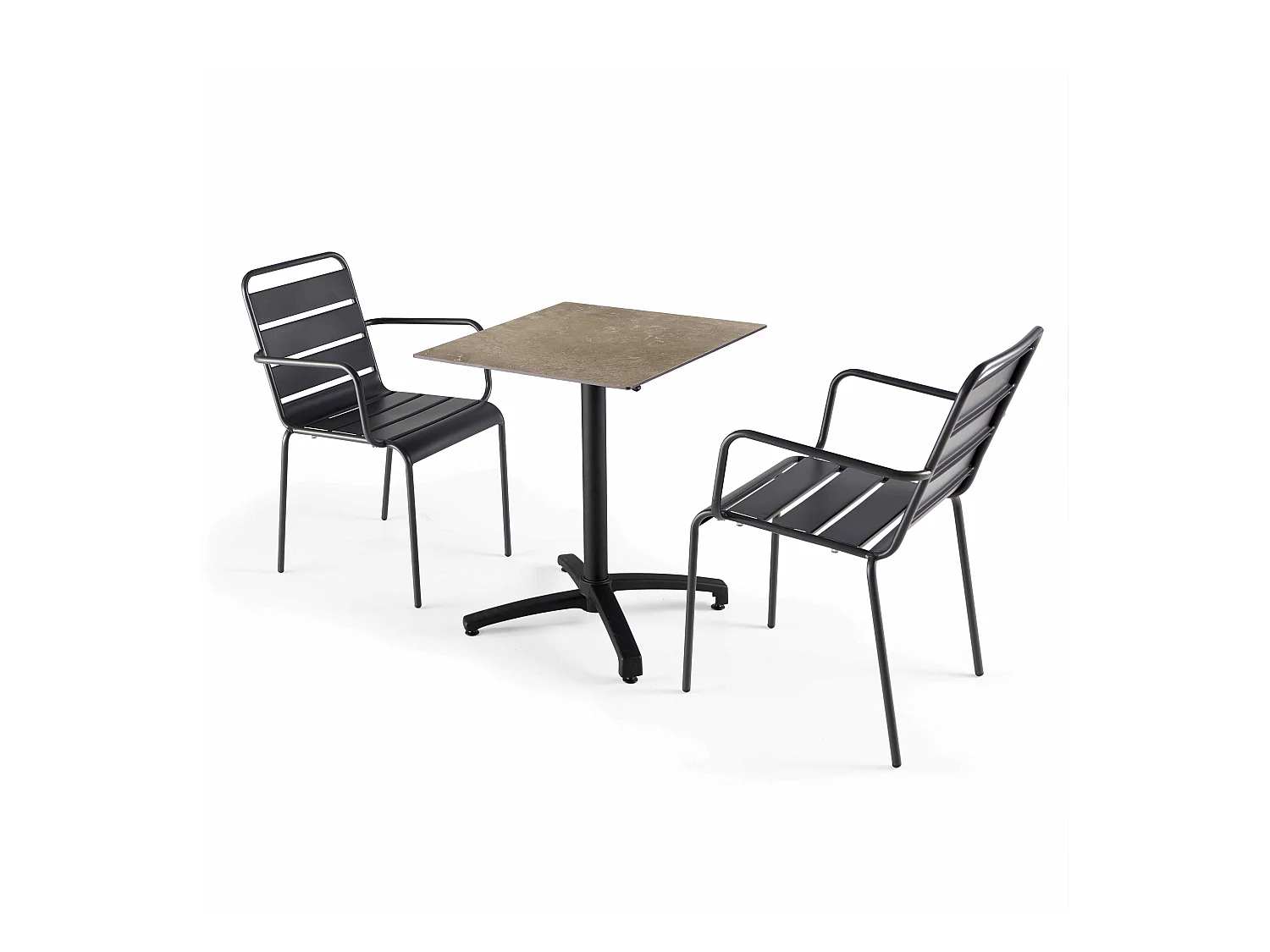 Ensemble table terrasse stratifié marbre et 2 fauteuils gris