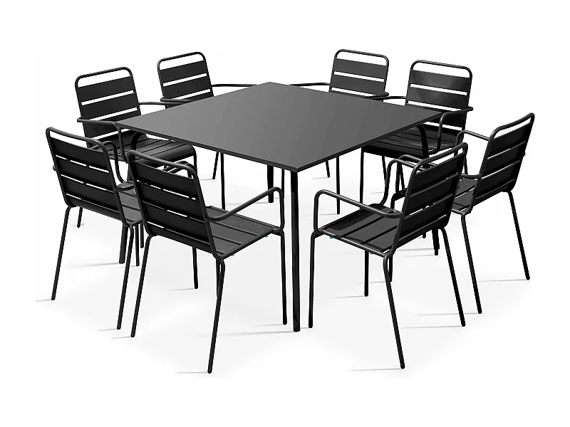 Ensemble table de jardin carrée et 8 fauteuils en métal gris - Palavas