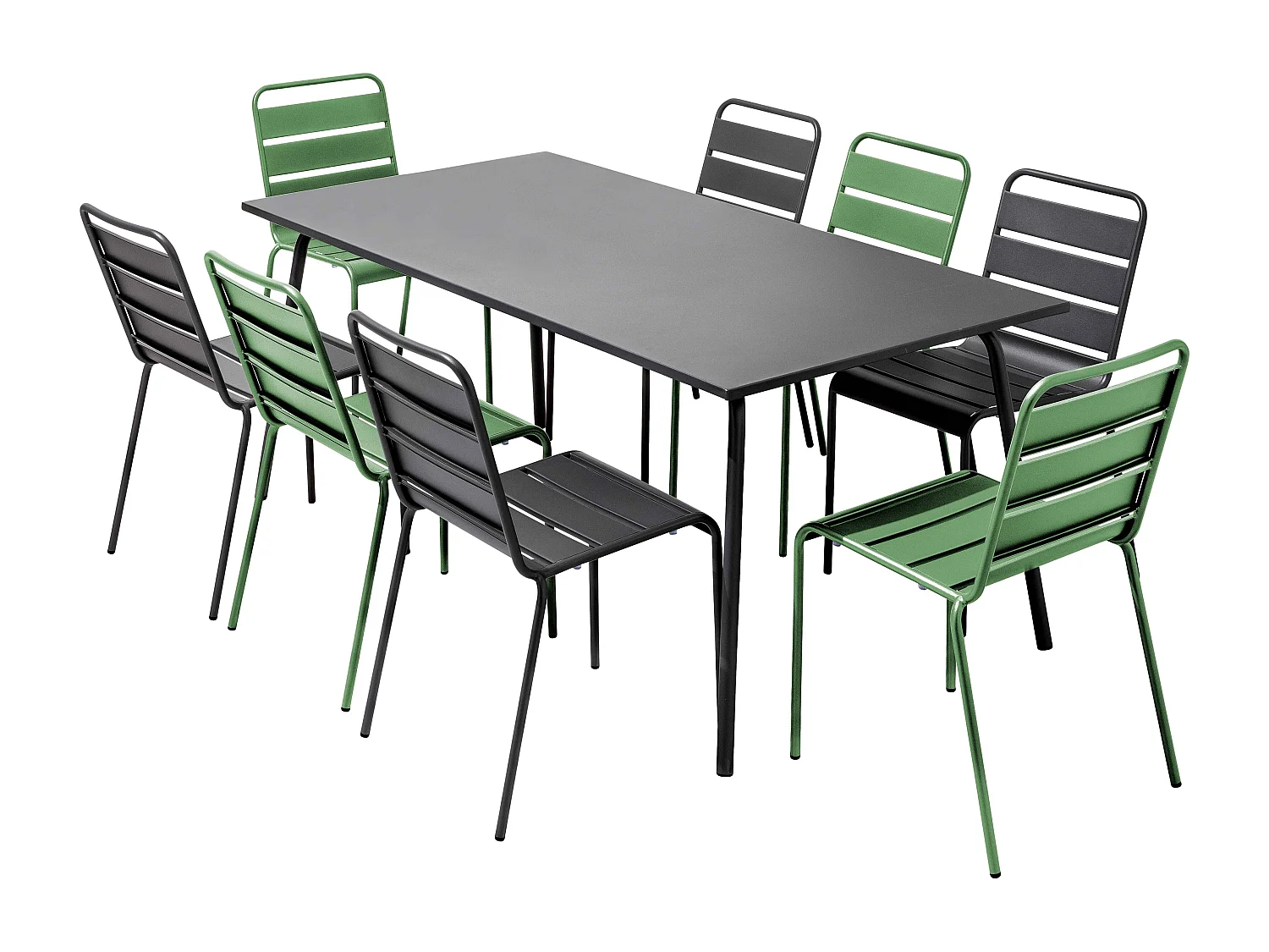 Tuinset met tafel en 8 stoelen in grijs metaal en cactusgroen