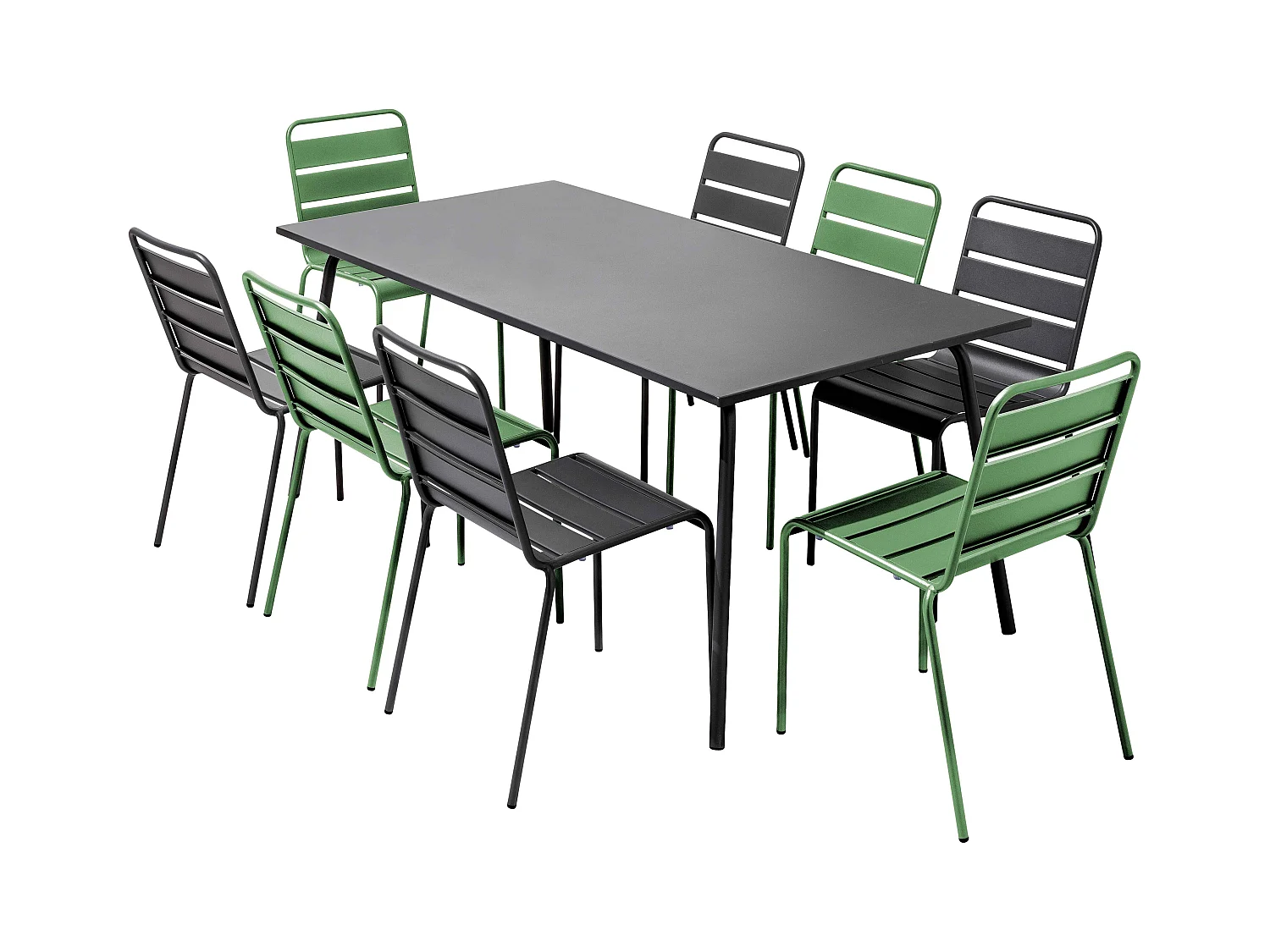Ensemble table de jardin et 8 chaises en métal gris et vert cactus - Palavas