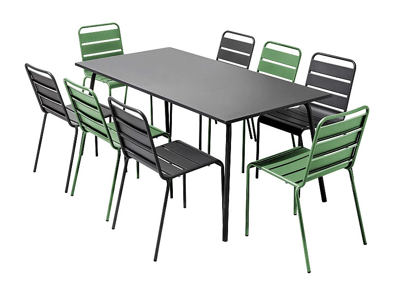 Ensemble table de jardin et 8 chaises en métal gris et vert cactus - Palavas