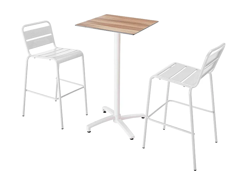 Set van een hoog gelamineerd eikenhouten tafel en 2 hoge witte stoelen