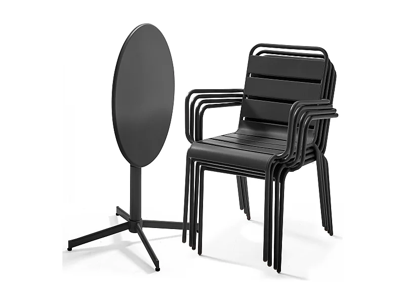 Ensemble table de jardin et 4 fauteuils métal gris - Palavas
