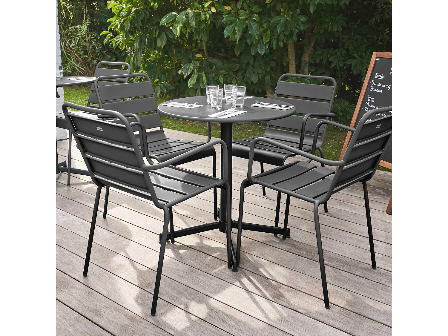 Ensemble table de jardin et 4 fauteuils métal gris - Palavas