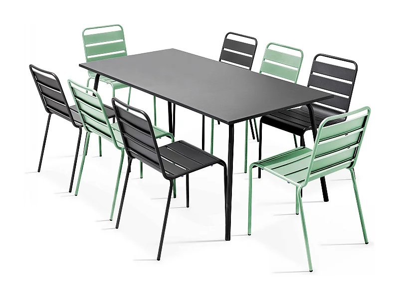 Ensemble table de jardin et 8 chaises en métal gris et vert sauge - Palavas