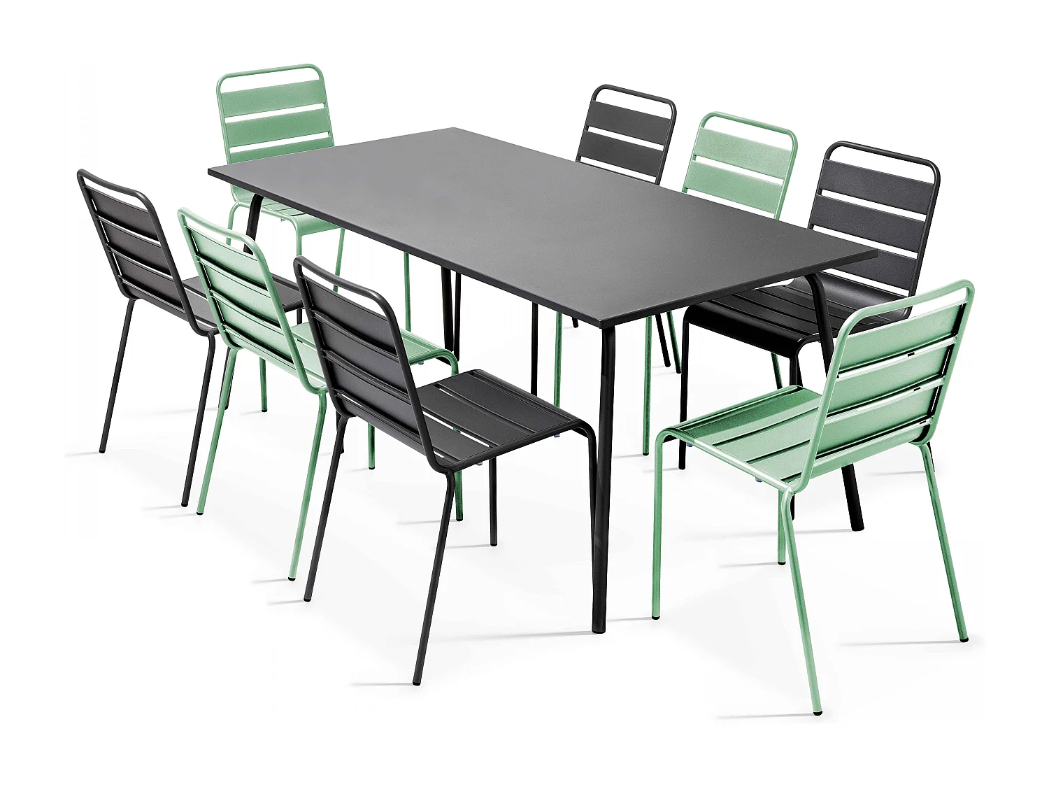 Ensemble table de jardin et 8 chaises en métal gris et vert sauge - Palavas