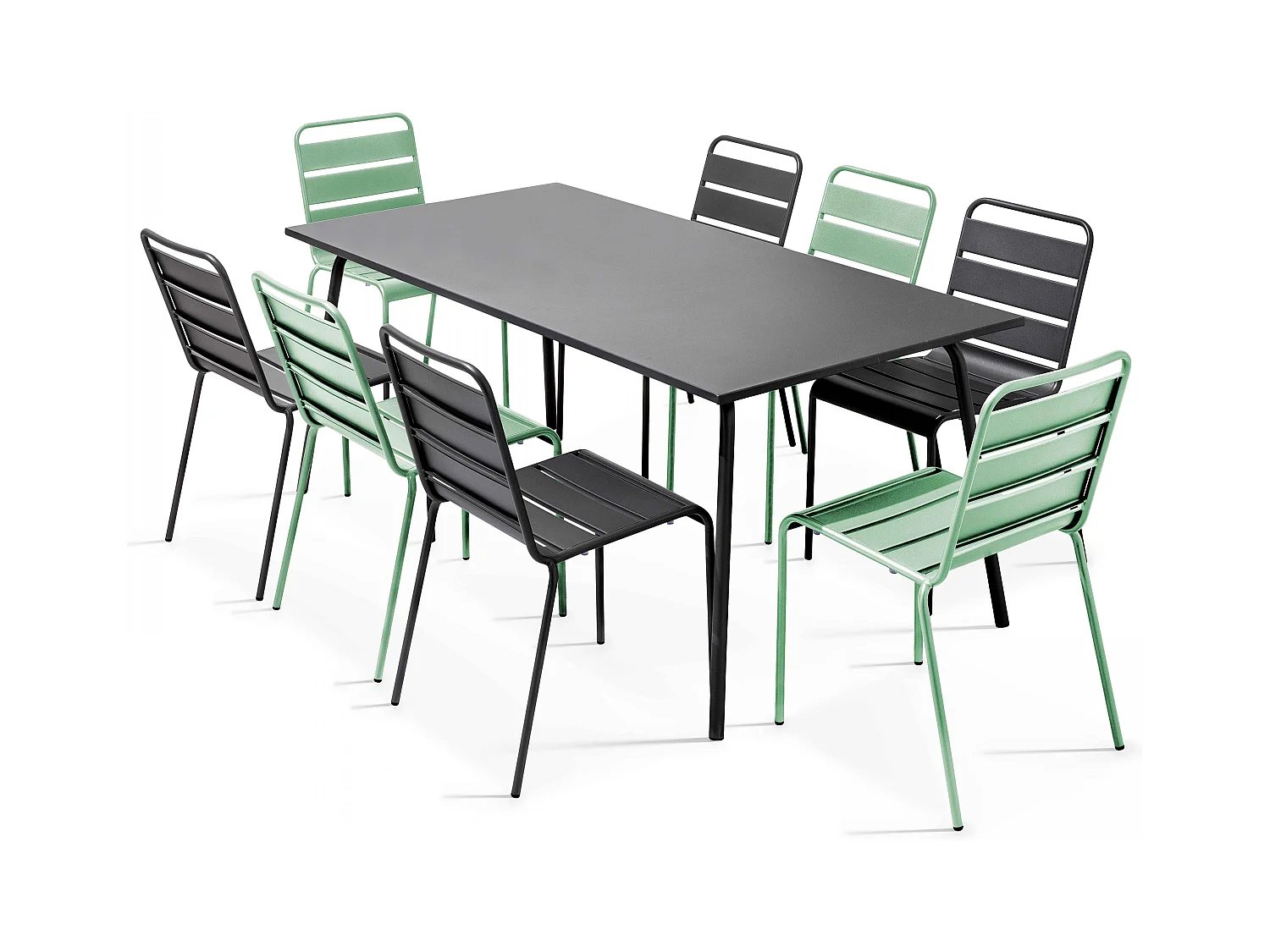 Ensemble table de jardin et 8 chaises en métal gris et vert sauge - Palavas