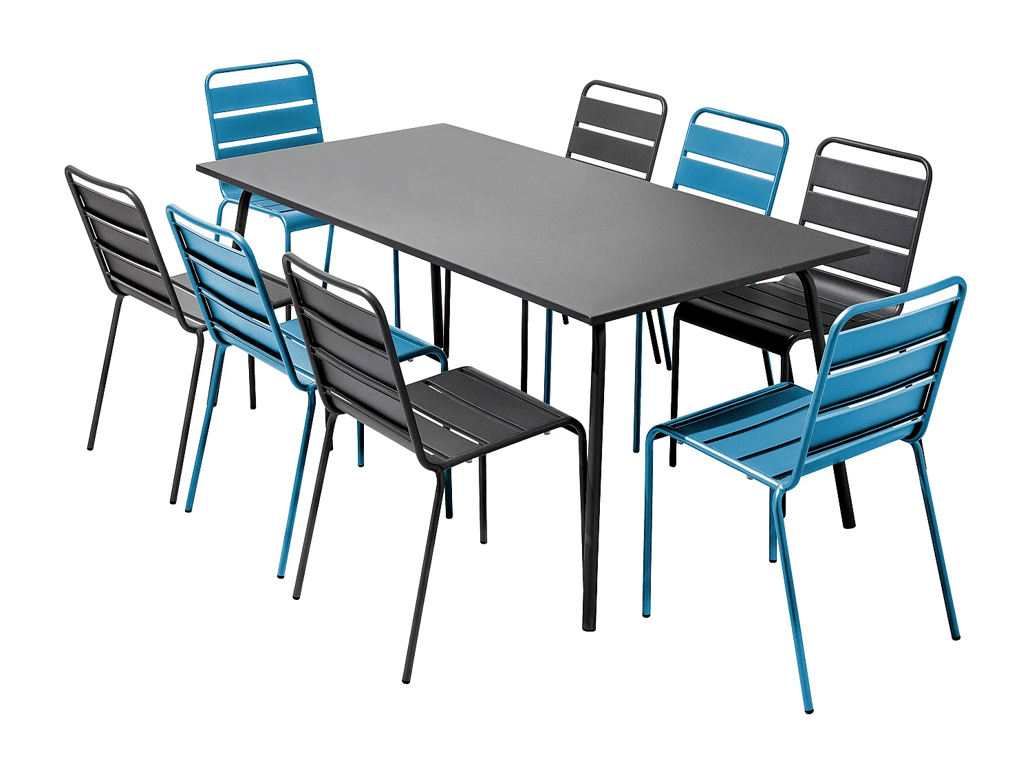 Tuinset met tafel en 8 stoelen in grijs metaal en Pacific blauw