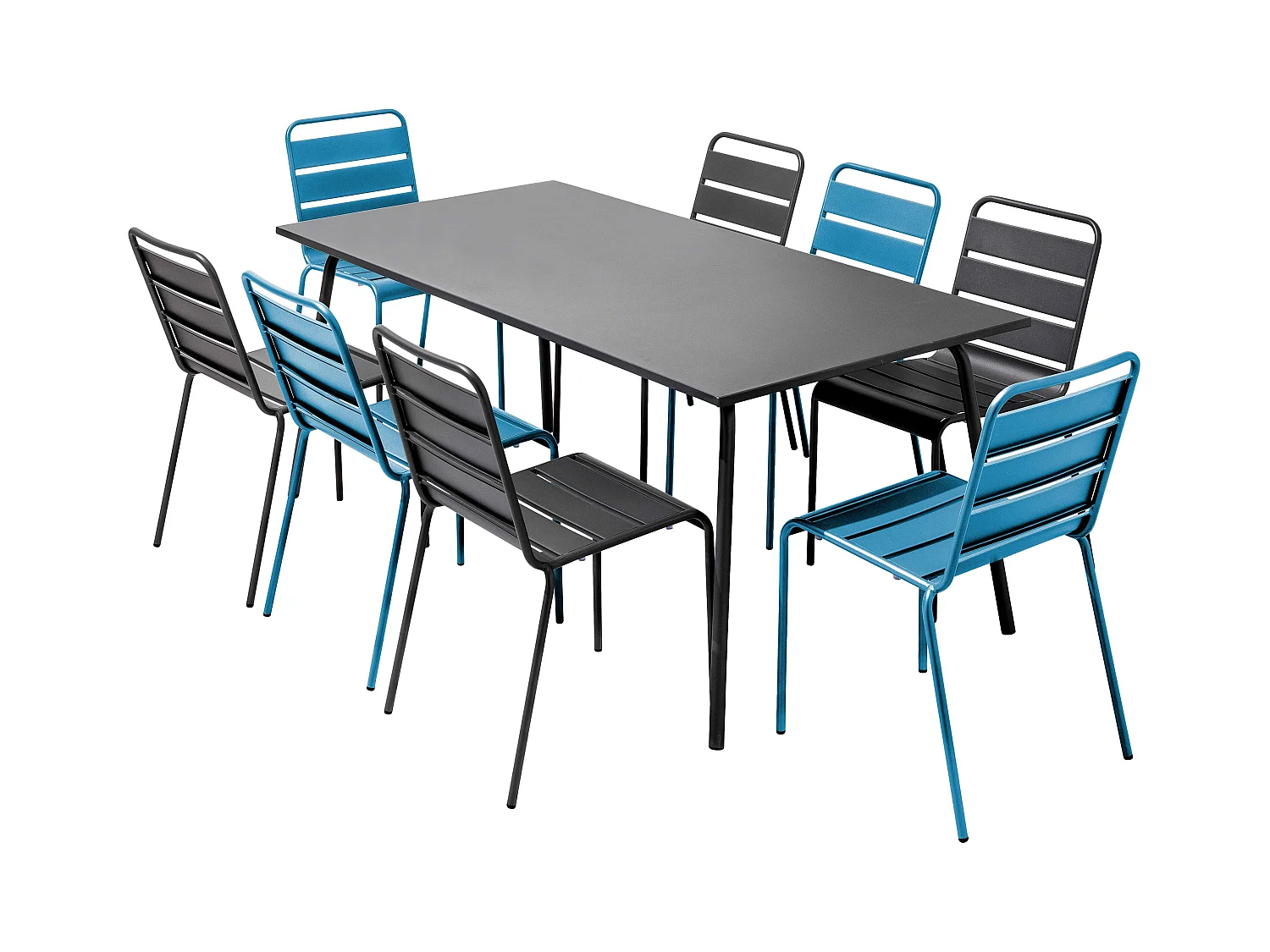 Ensemble table de jardin et 8 chaises en métal gris et bleu pacific - Palavas