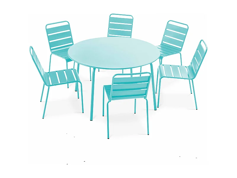 Set van een ronde tuin tafel en 6 turquoise stoelen