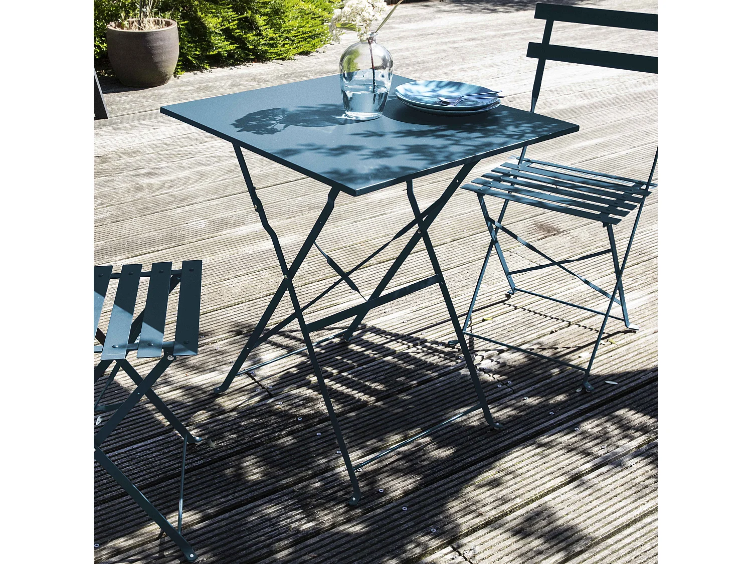 Table de jardin et 2 chaises acier bleu pacific