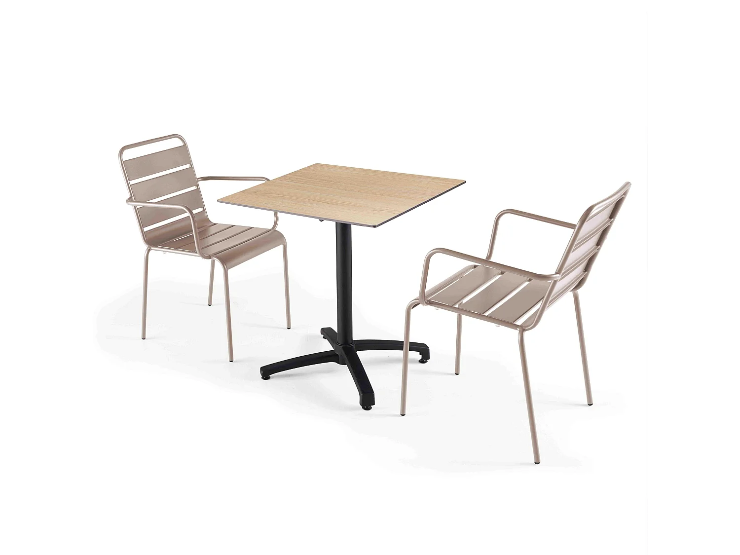 Ensemble table de terrasse stratifié naturel et 2 fauteuils taupe