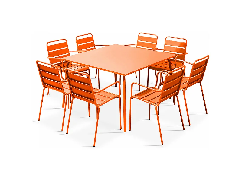 Ensemble table de jardin carrée et 8 fauteuils en métal orange - Palavas