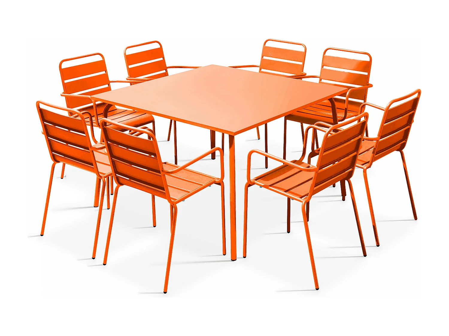 Ensemble table de jardin carrée et 8 fauteuils en métal orange - Palavas
