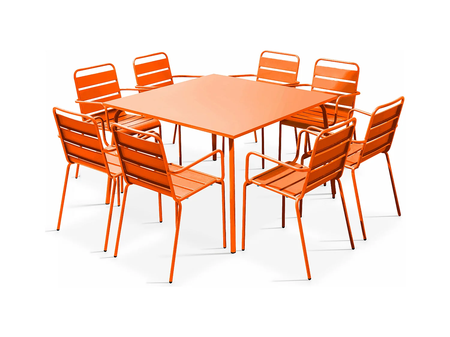 Ensemble table de jardin carrée et 8 fauteuils en métal orange - Palavas