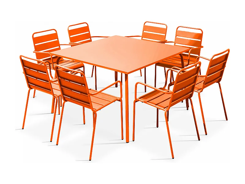 Ensemble table de jardin carrée et 8 fauteuils en métal orange - Palavas