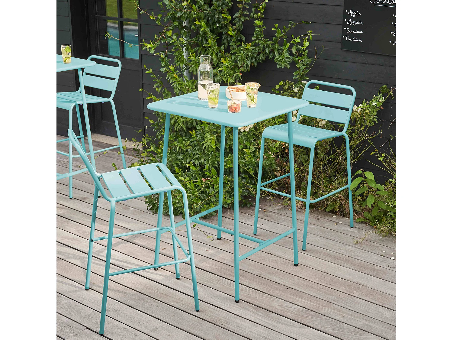 Set bartafel en 2 hoge stoelen in turquoise