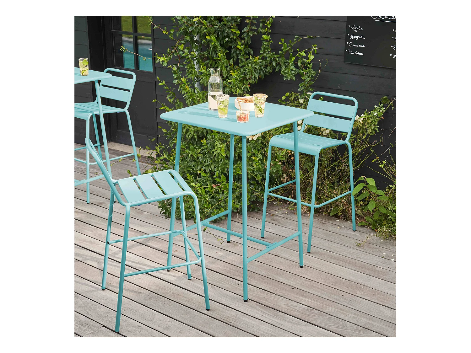 Ensemble table de bar et 2 chaises hautes en métal turquoise - Palavas