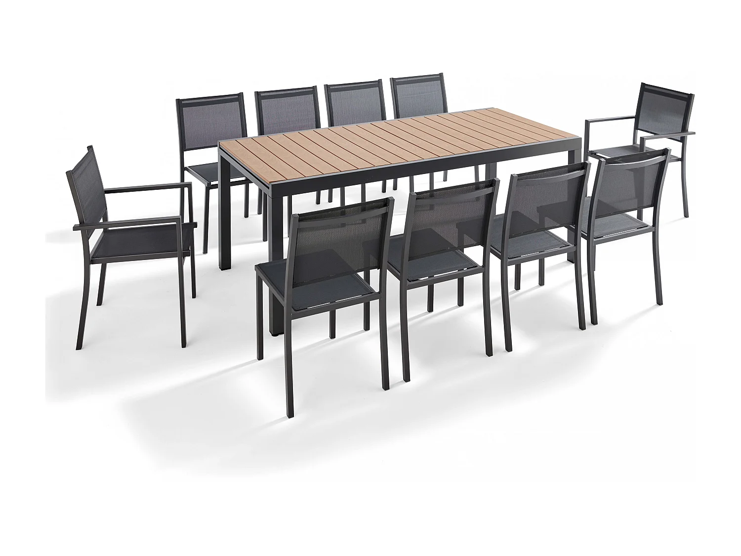 Tuinset met 10 zitplaatsen, 8 stoelen en 2 fauteuils van aluminium