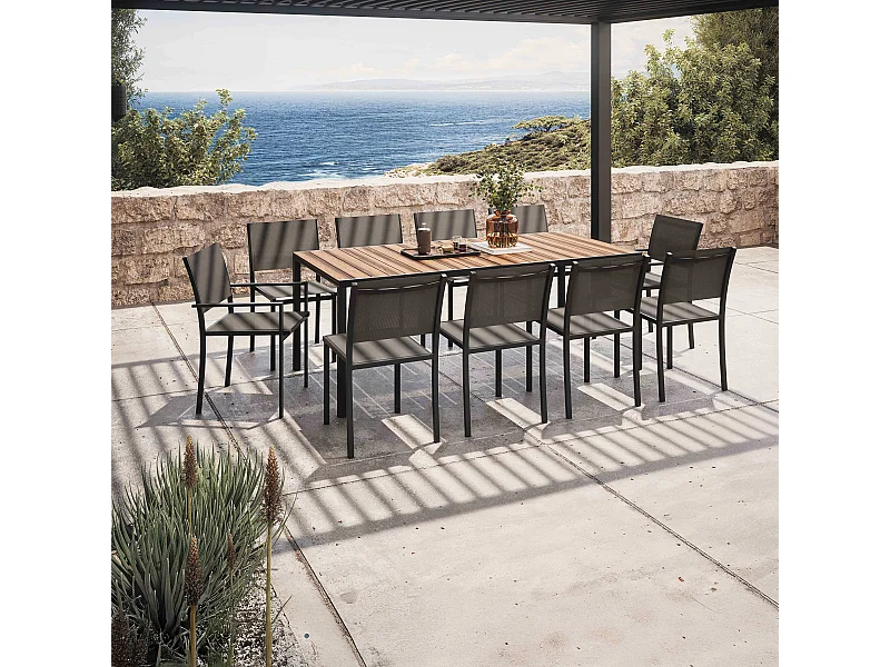 Salon de jardin 10 places, 8 chaises et 2 fauteuils en aluminium