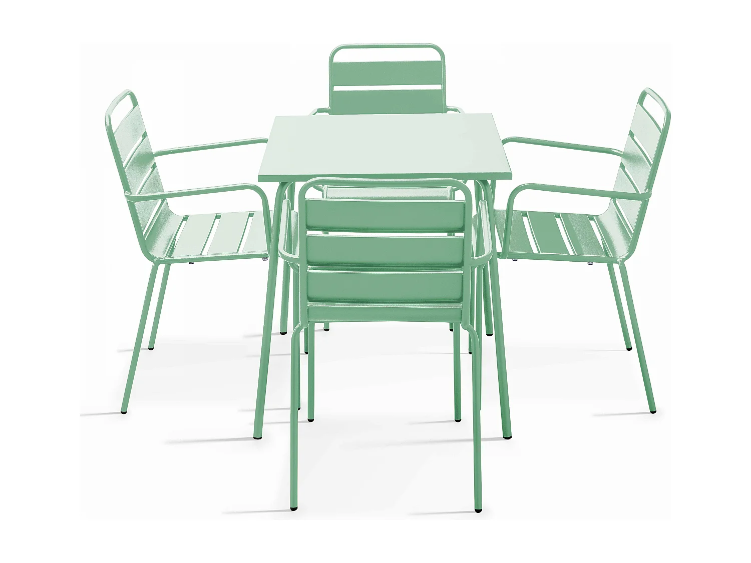 Ensemble table de jardin carrée et 4 fauteuils acier vert sauge - Palavas