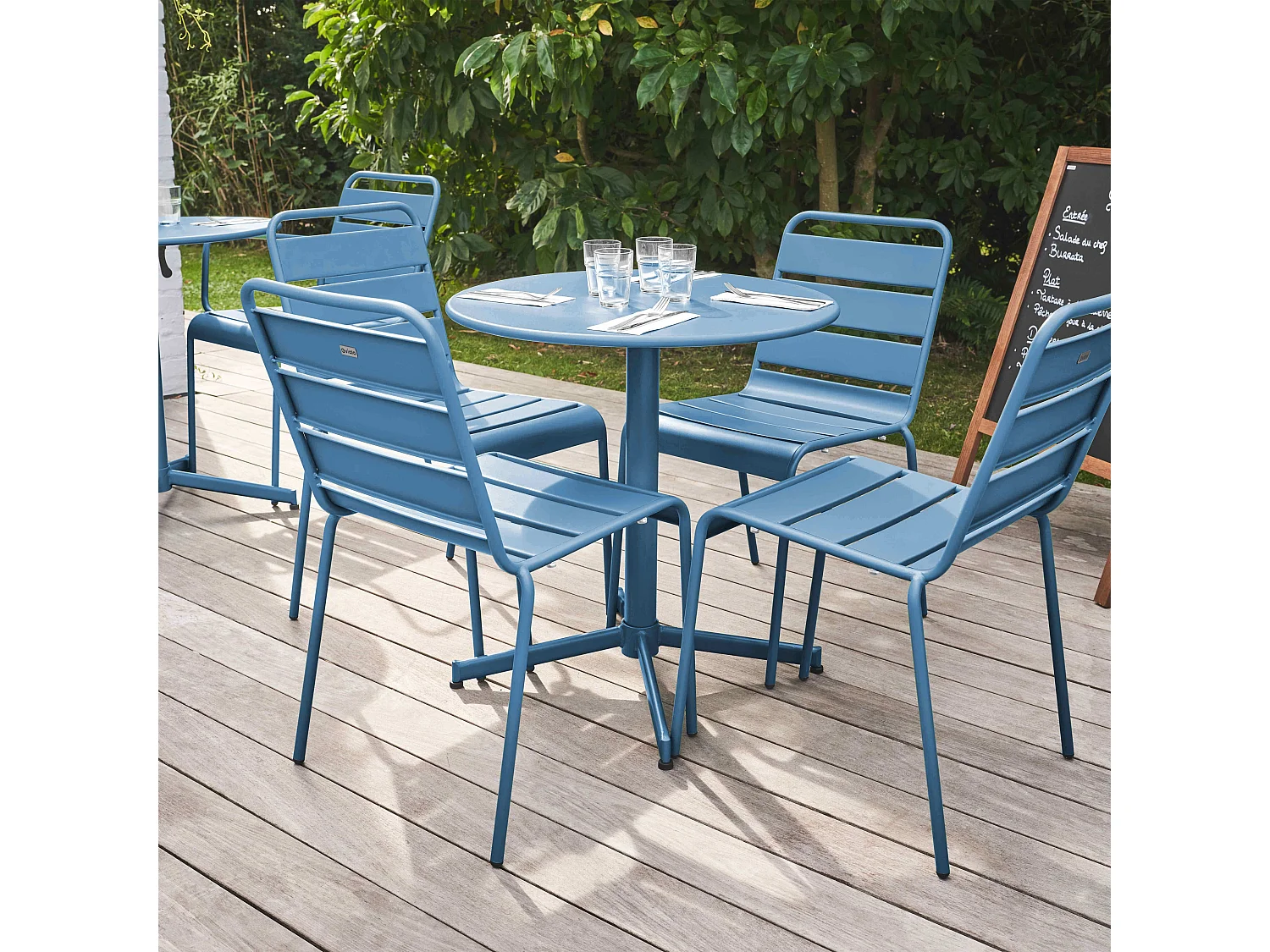 Ensemble table de jardin ronde et 4 chaises bleu pacific - Palavas