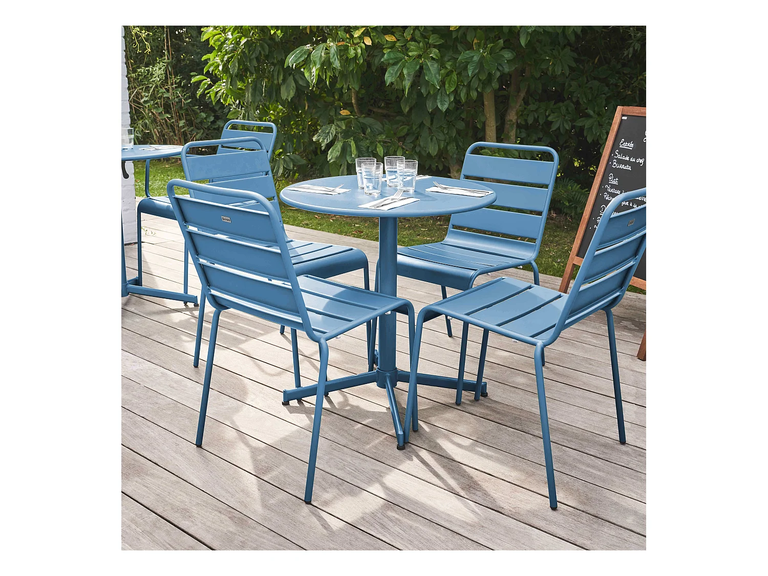 Ensemble table de jardin ronde et 4 chaises bleu pacific - Palavas