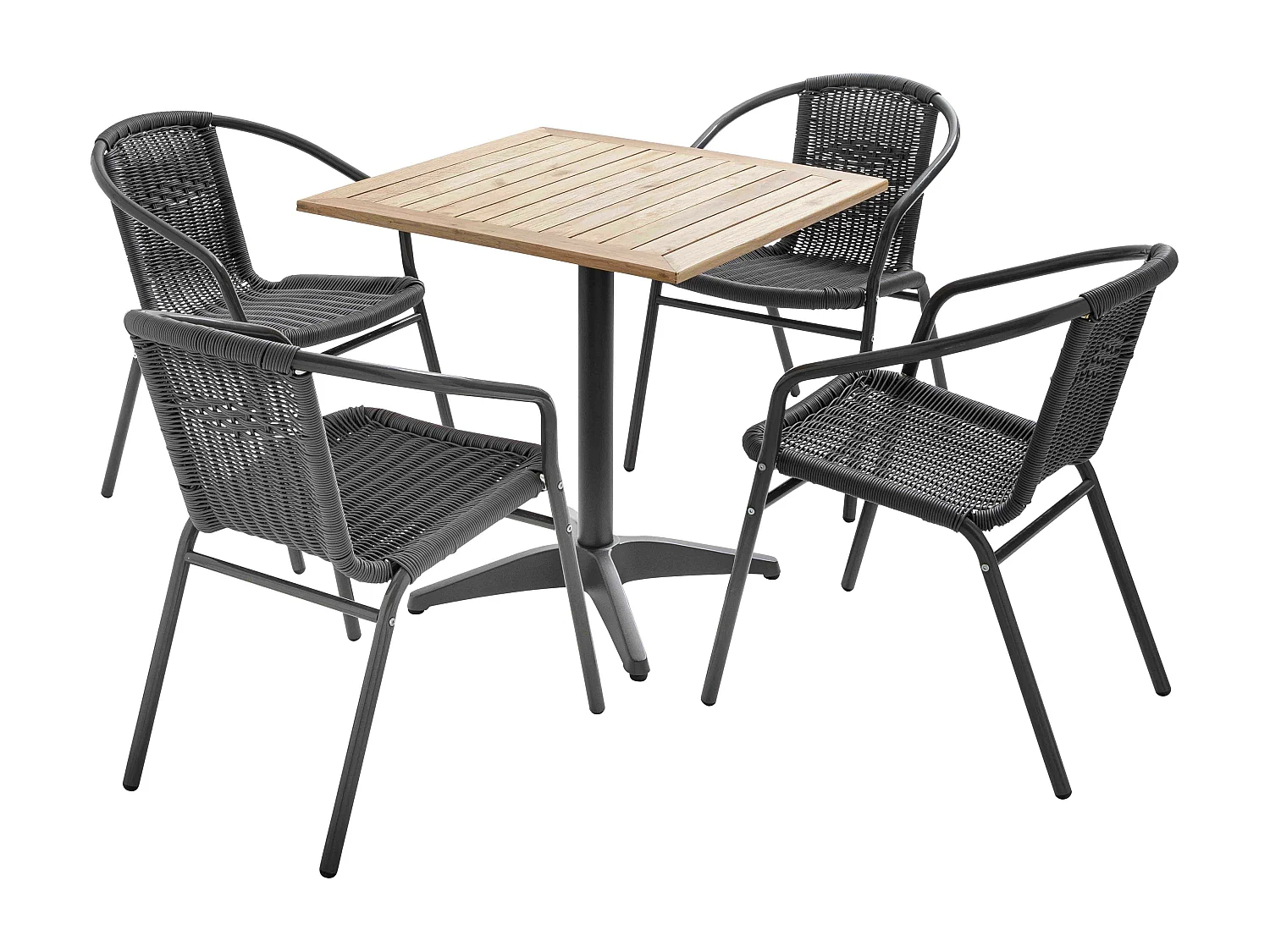 Table de jardin carré plateau bois et 4 chaises en résine