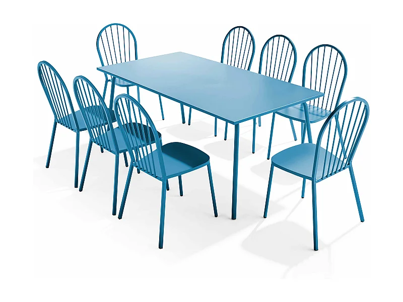 Tuinset met tafel en 8 bistrostoelen in blauw pacifisch staal