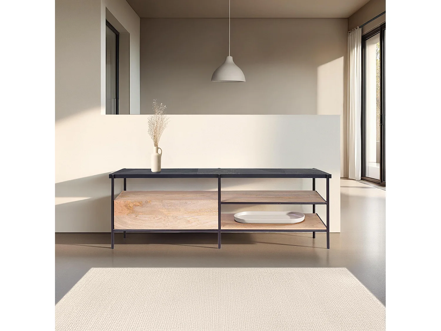 Meuble TV en marbre et manguier massif 150 cm noir