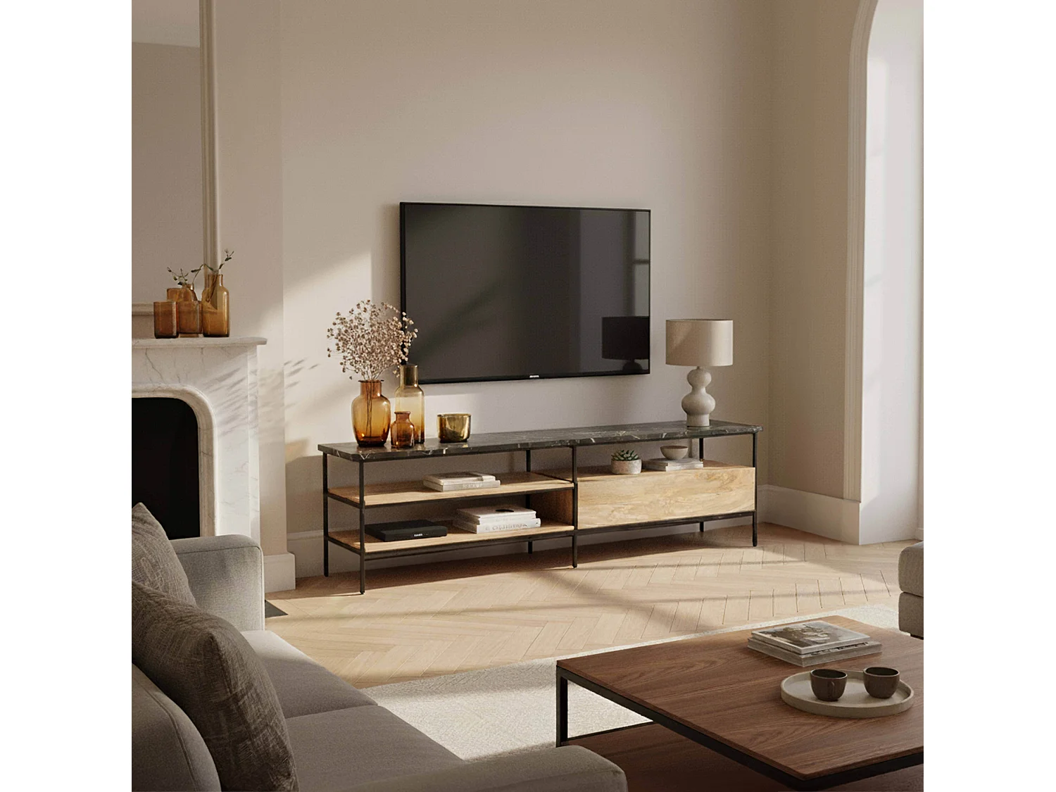 Meuble TV en marbre et manguier massif 150 cm noir