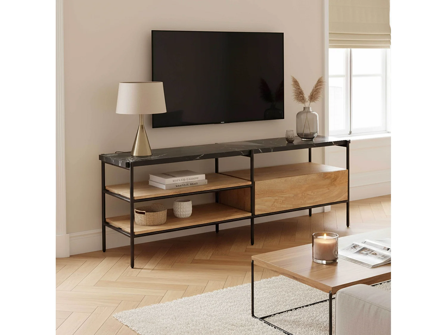 Meuble TV en marbre et manguier massif 150 cm noir