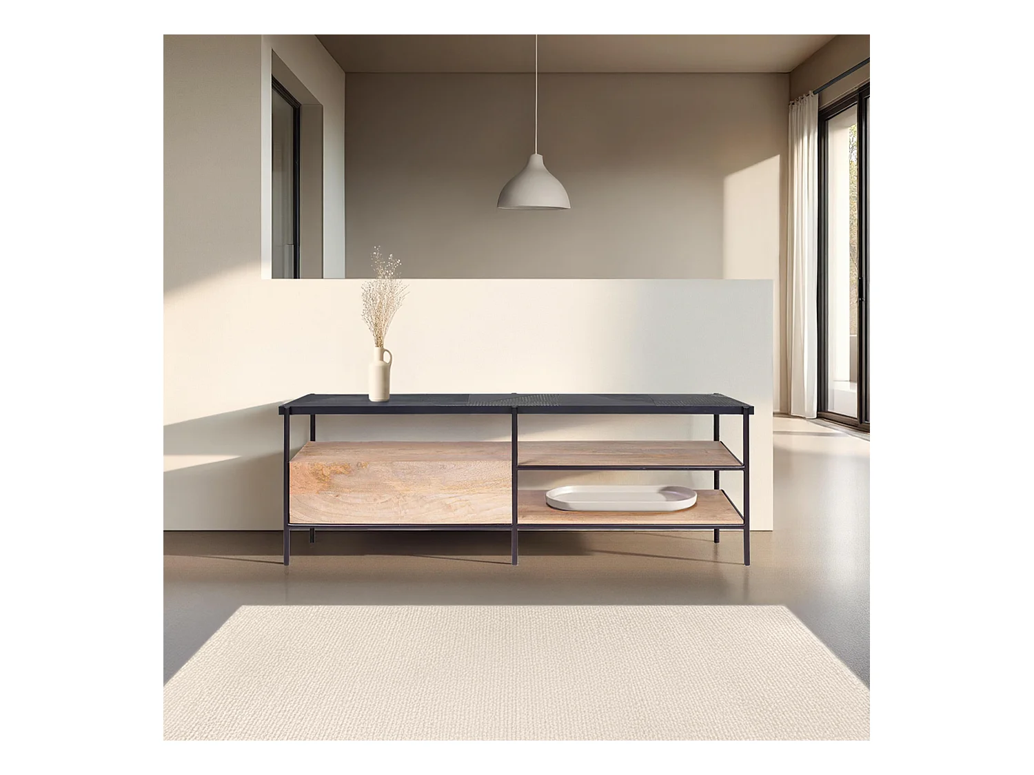 TV-meubel van massief marmer en mangohout, 150 cm zwart