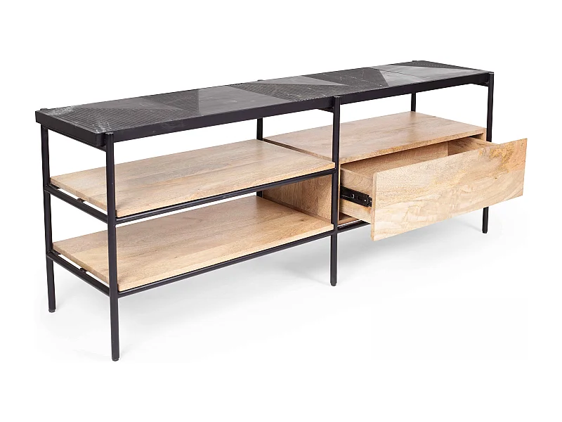 TV-meubel van massief marmer en mangohout, 150 cm zwart