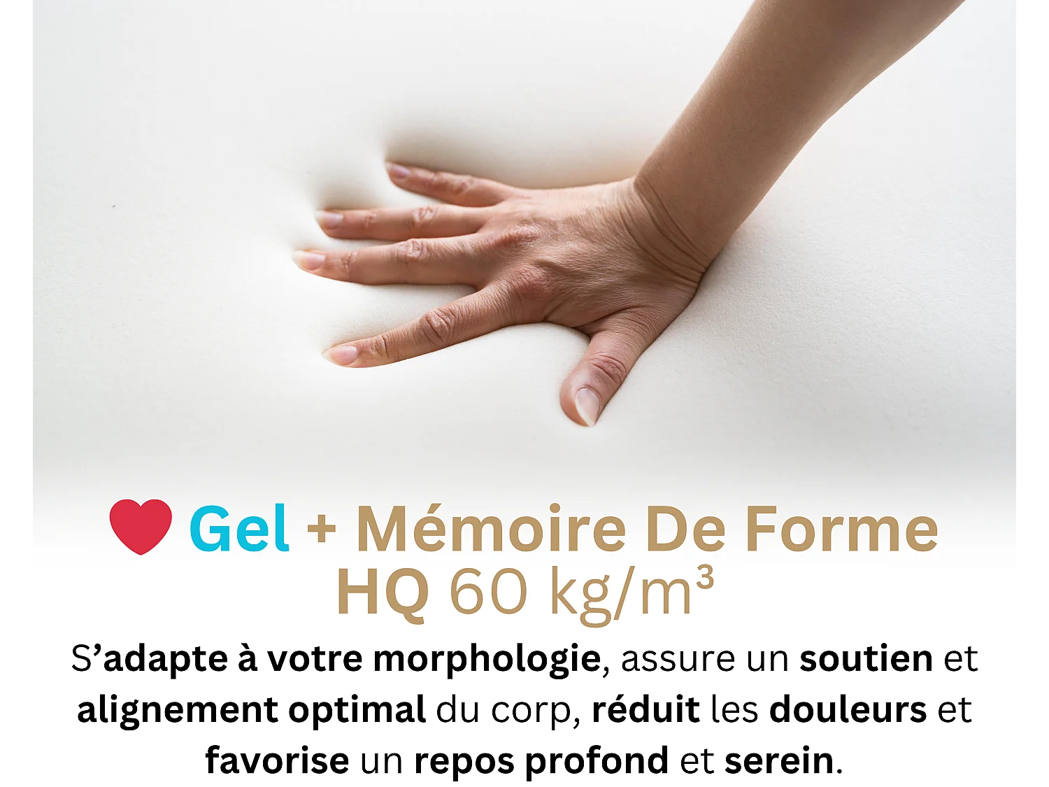 Matelas 160x200 2 Places  Ondine - Mémoire de Forme 60 kg/m³ Haute Densité Enrichie avec Microcapsules De Gel Rafraîchissantes - Ergonomique