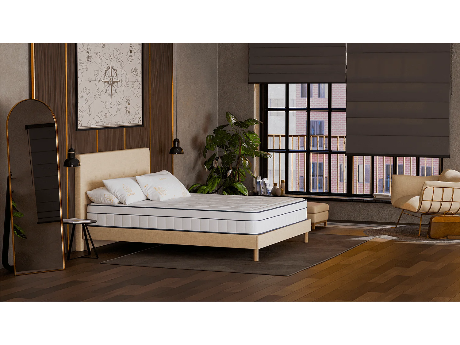 Colchão Thalassa 180x200 de 2 lugares - Híbrido: molas ensacadas - espuma viscoelástica de alta qualidade de 60 kg/m³ - contra as dores de costas - firme