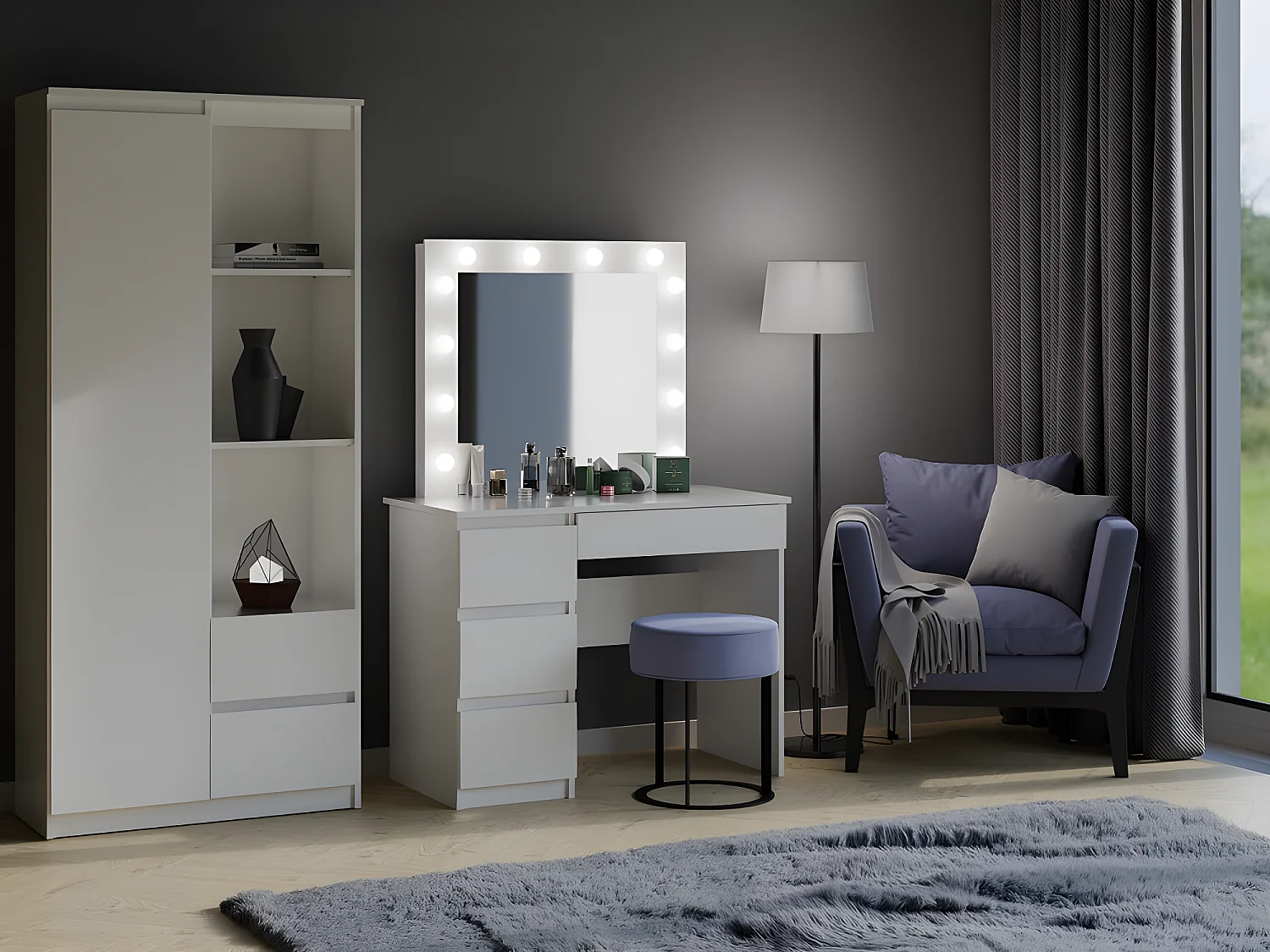 CAROL - Coiffeuse avec miroir + éclairage LED - 4 tiroirs - 98x76x51 cm - Bureau