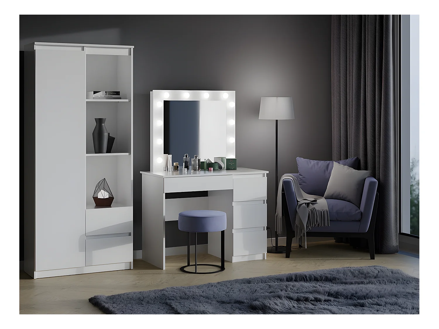 CAROL - Coiffeuse avec miroir + éclairage LED - 4 tiroirs - 98x76x51cm - Bureau