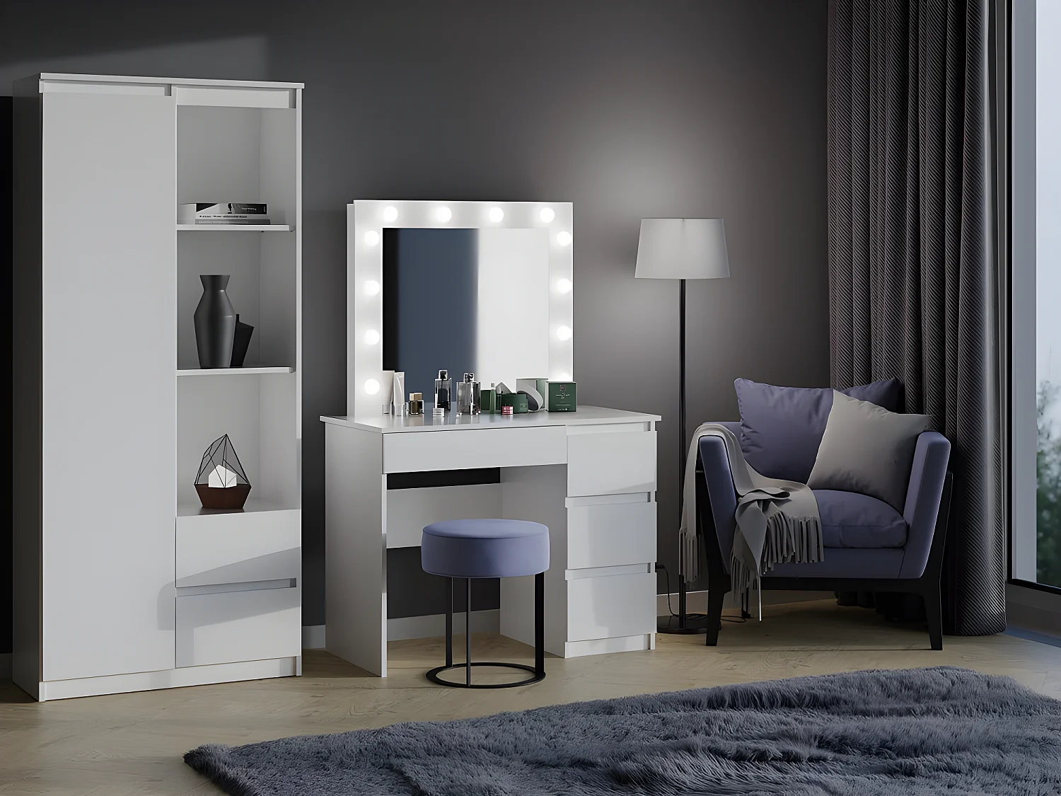 CAROL - Tocador con espejo + iluminación LED - 4 cajones - 98x76x51cm - Oficina